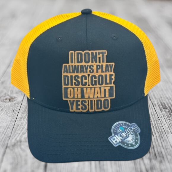 Disc Golf Leather Patch Hat Custom Trucker Hat Always Disc Golfing Blk/Org - Picture 1 of 6